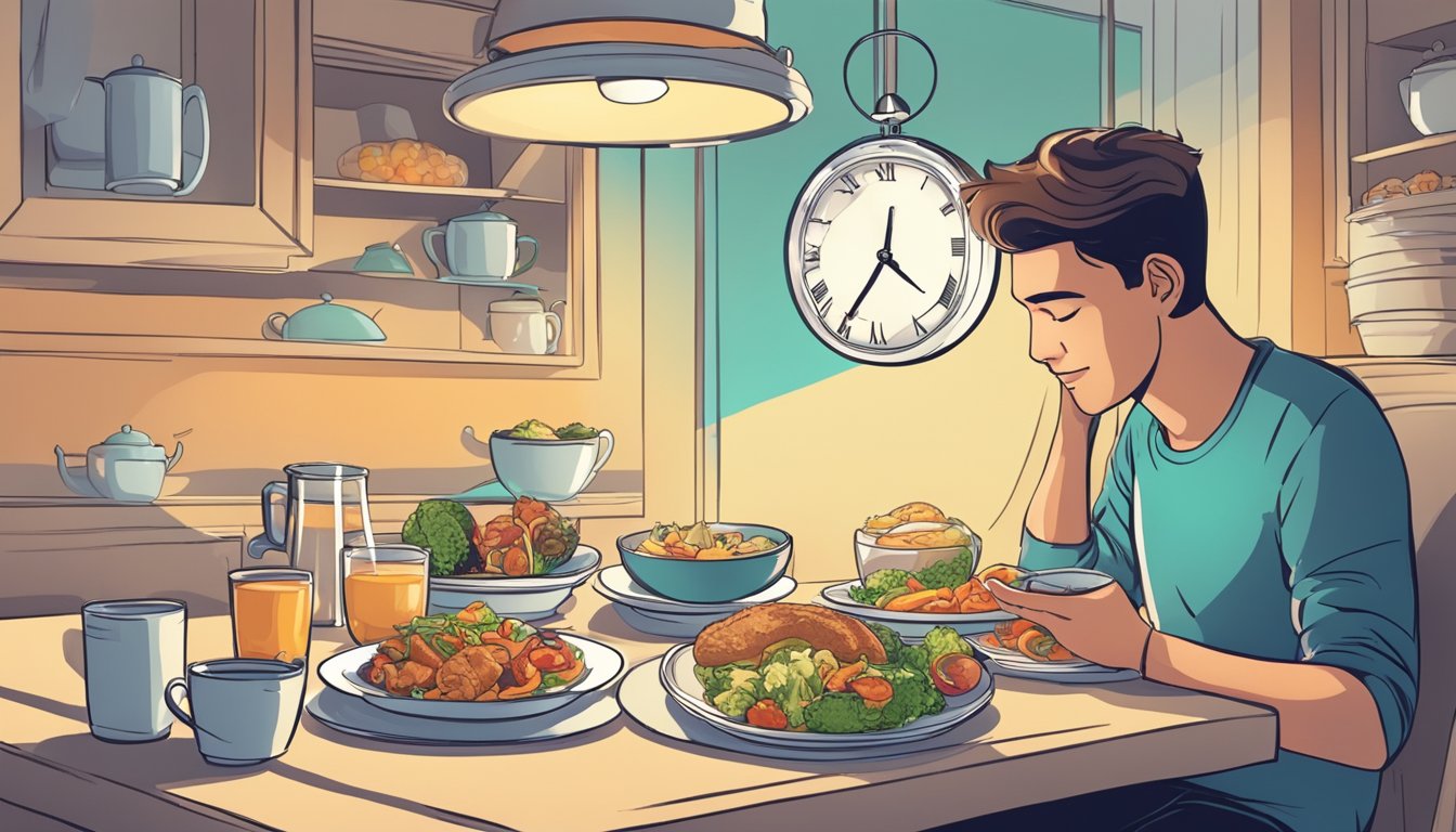 A person enjoying a varied meal while looking at a clock, indicating the flexibility of intermittent fasting to fit individual lifestyles