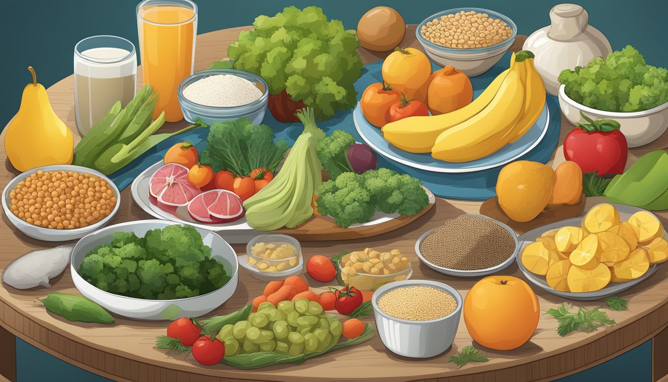 A table with a variety of food items, including fruits, vegetables, grains, and proteins, with a clock in the background indicating different times for eating