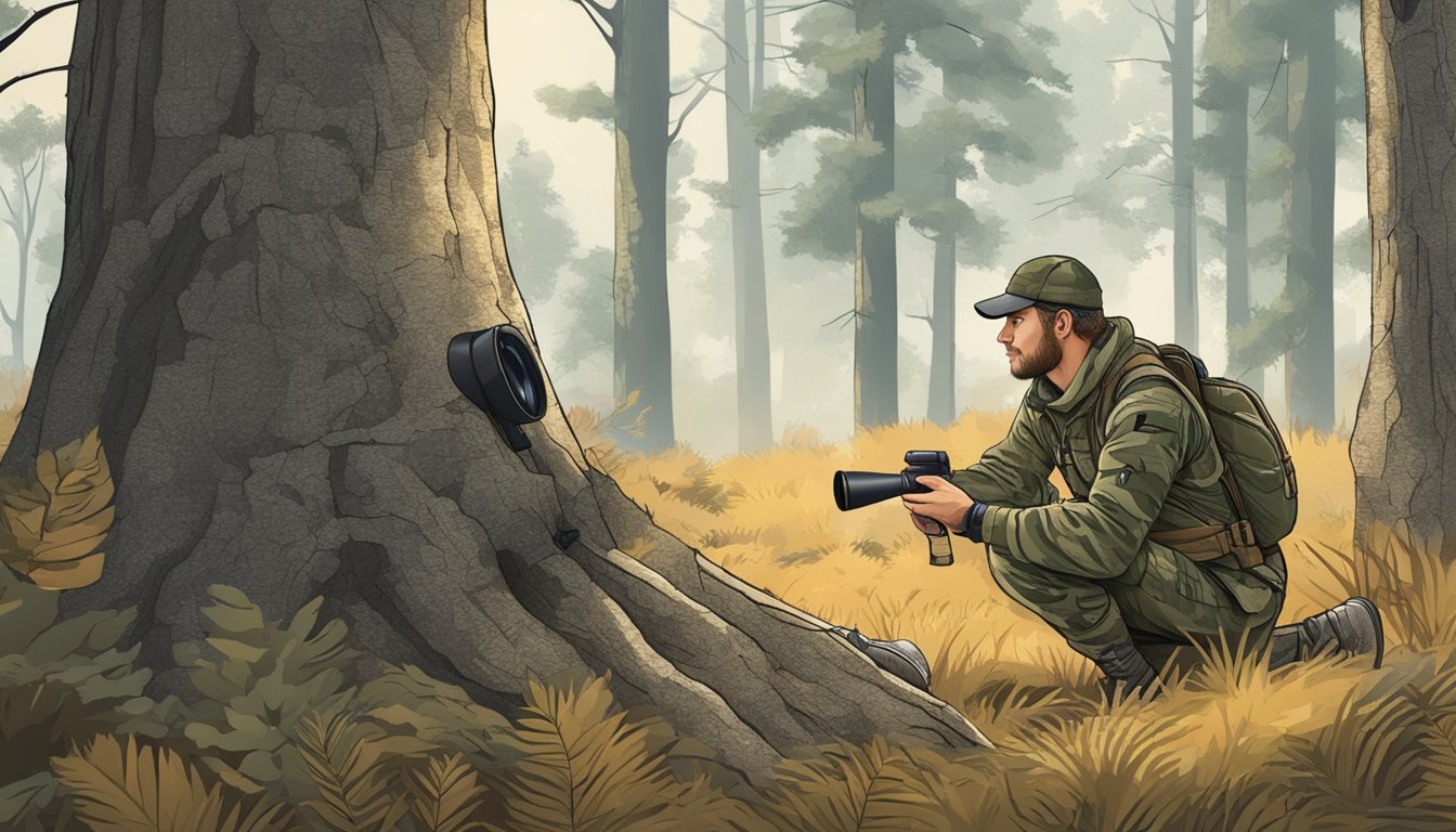 A hunter in camouflage crouches behind a tree, scanning the forest with binoculars, while a guide points out tracks in the ground