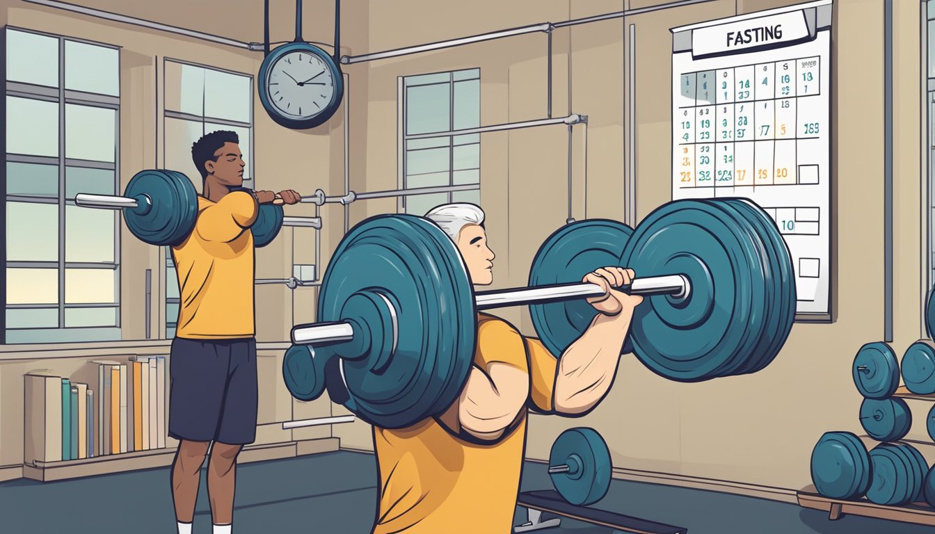 A person lifting weights in a gym while looking at a calendar with a schedule and a clock showing the time for intermittent fasting