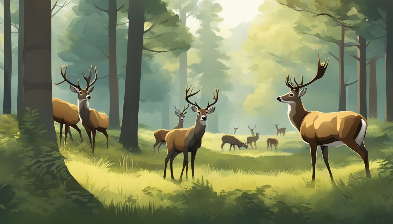 A serene forest clearing with various deer species grazing peacefully