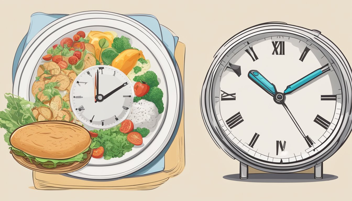 A clock showing the time between meals, a plate of food untouched, and a graph showing calorie intake over time