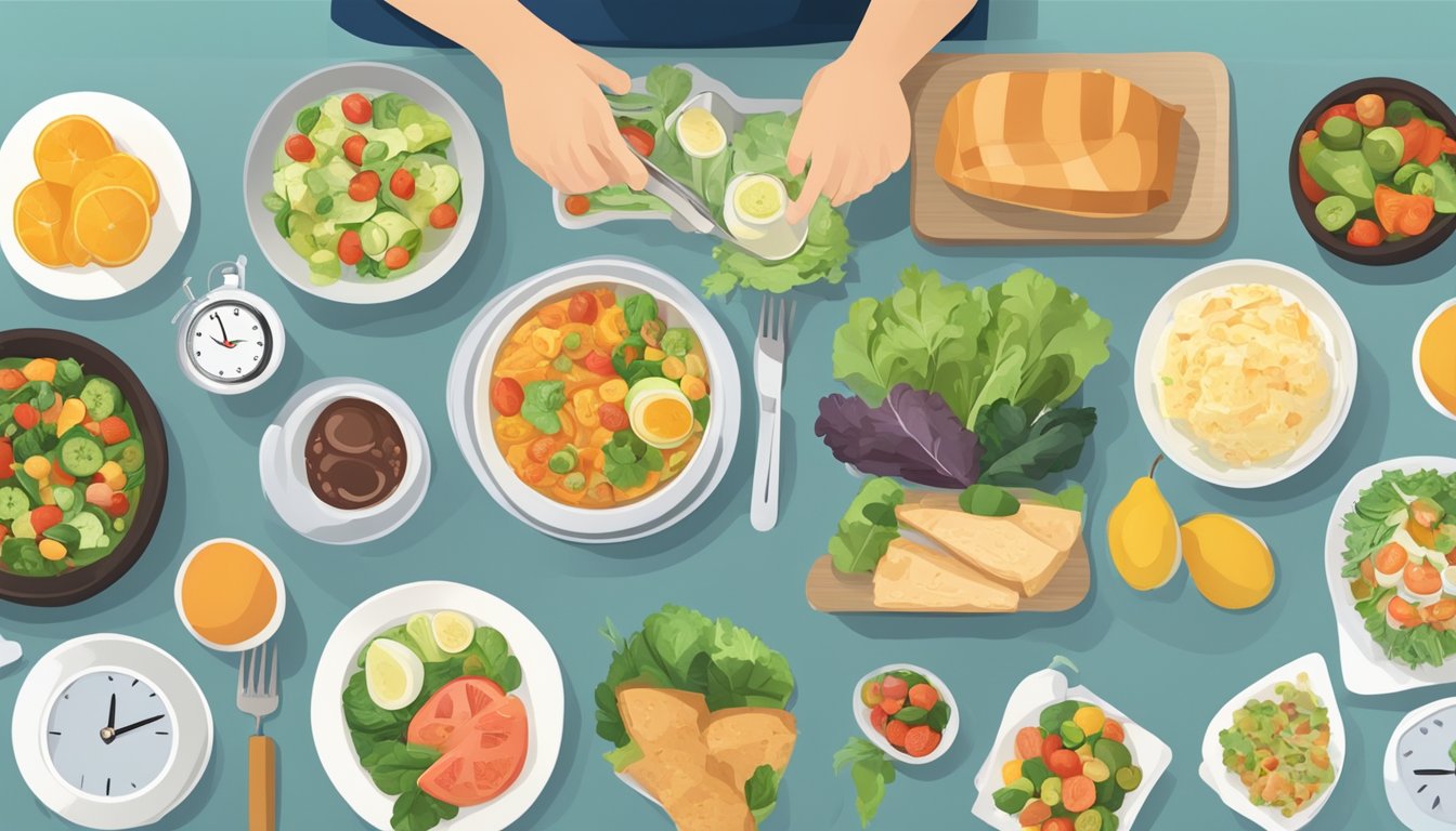 A table with a variety of food items, a clock showing intermittent fasting schedule, and a person choosing healthy options