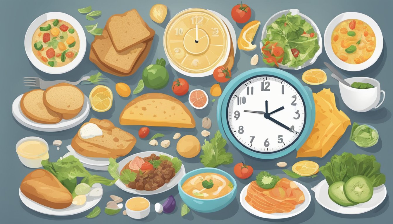 A person's meal plan and clock overlapping, showing a variety of food choices within a restricted timeframe