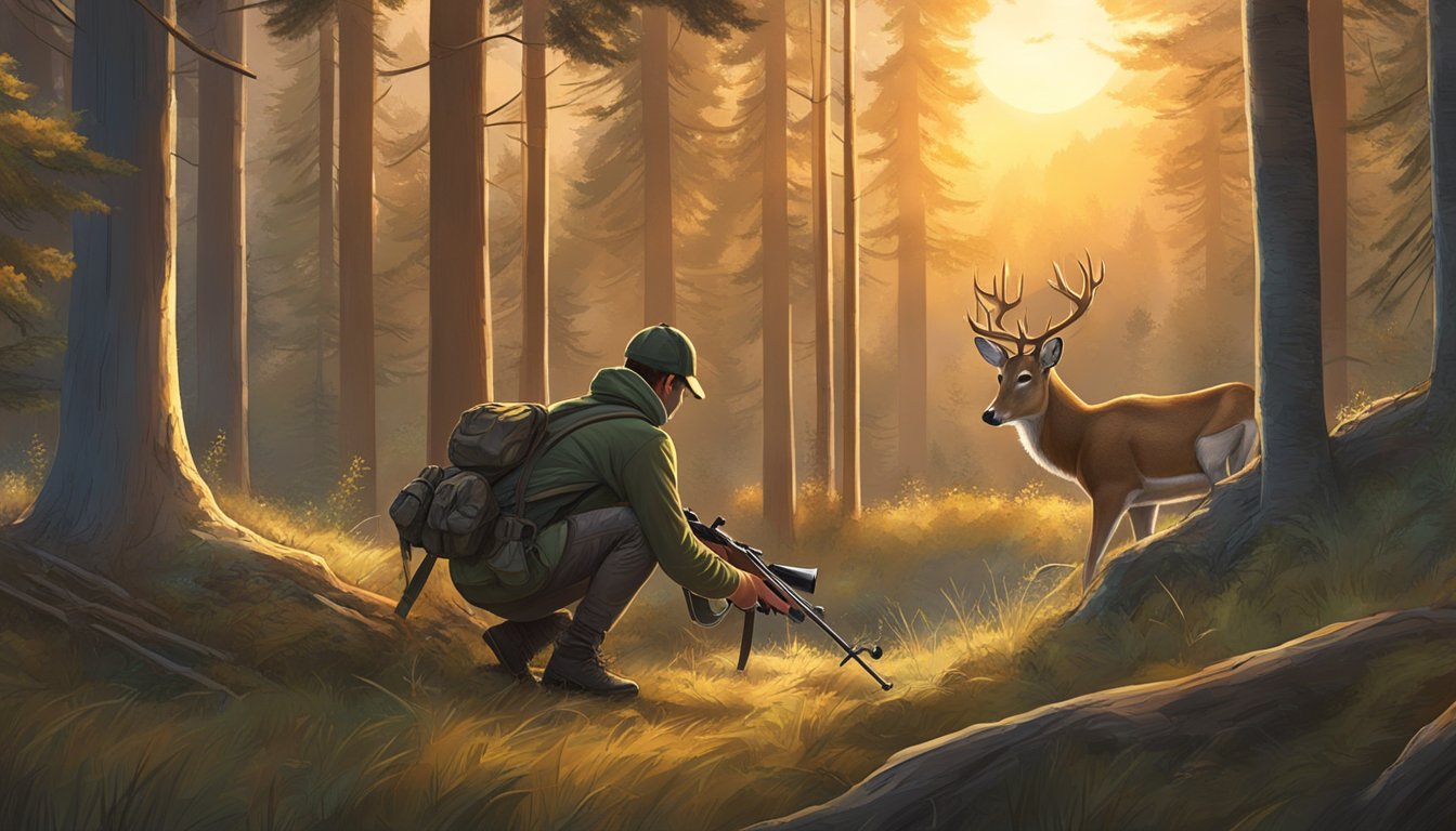 A hunter crouching in the forest, aiming a rifle at a majestic deer grazing in a clearing. The sun sets behind the trees, casting a warm glow over the scene