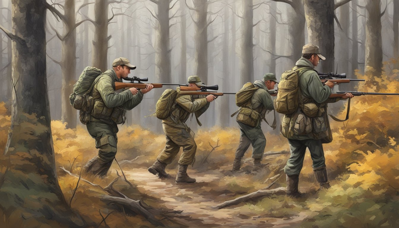 A group of hunters in camouflage gear stalking through a wooded area, rifles in hand, as they search for different types of deer during a guided hunt