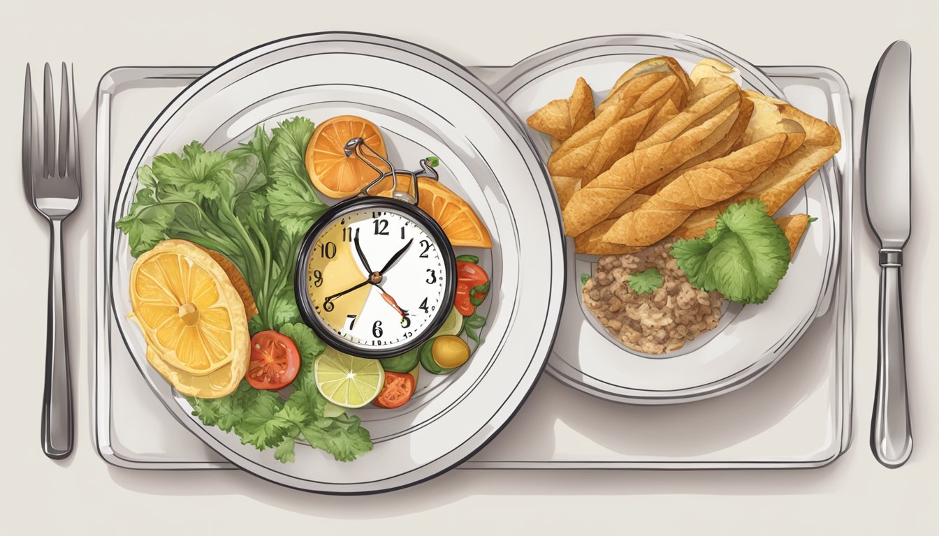 A clock showing 8 PM with a plate of food untouched next to it