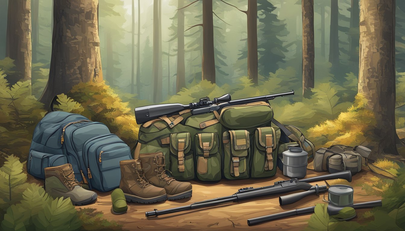 A hunter's gear and apparel laid out in a forest clearing, with a rifle, camouflage clothing, boots, and a hunting backpack