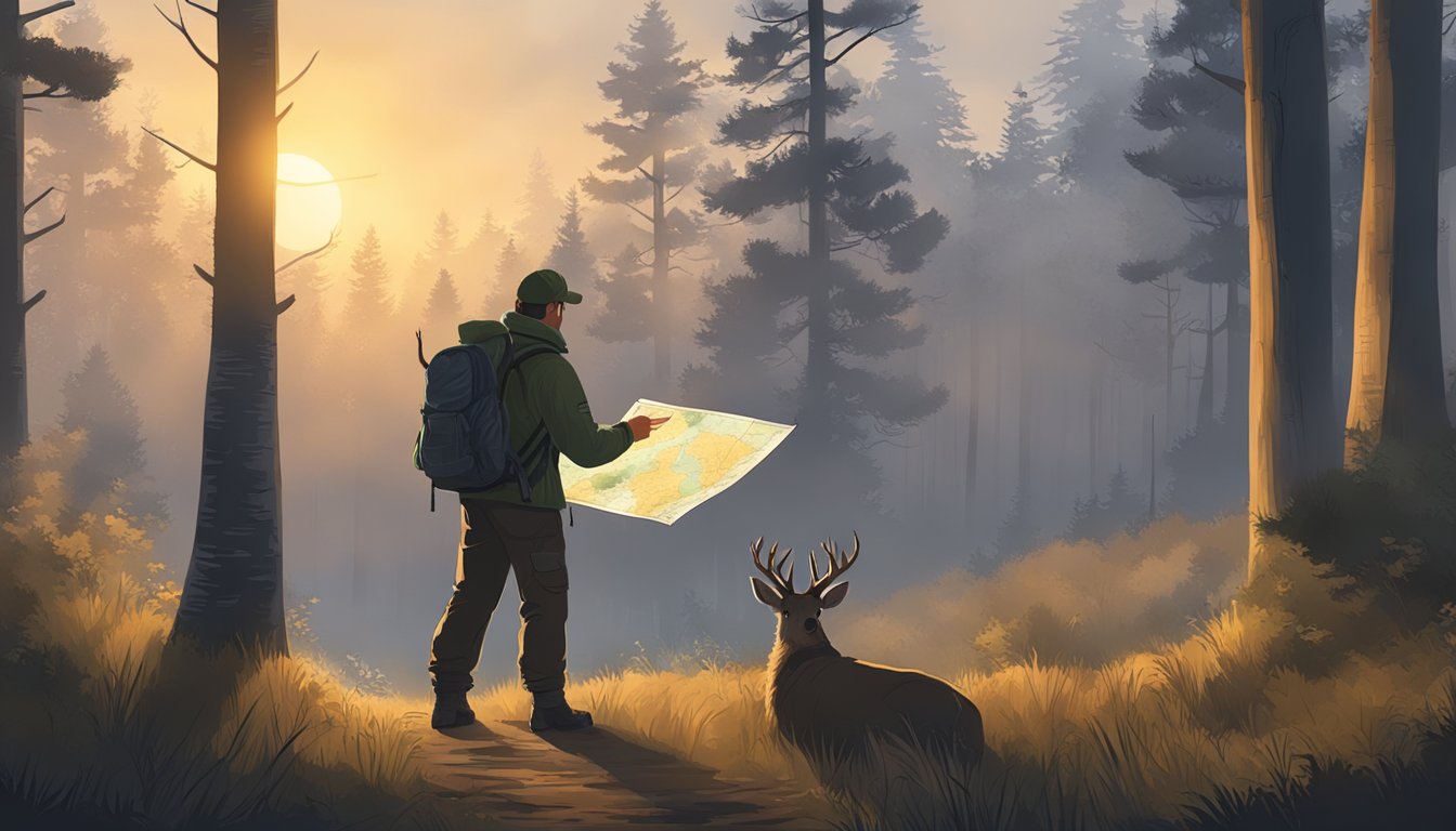 A hunter gathers gear and checks a map before heading into the woods. The sun rises over a misty forest, setting the scene for a guided deer hunt