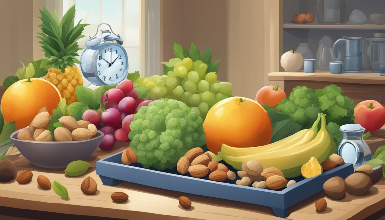 A table with a variety of fruits, vegetables, nuts, and water, with a clock in the background showing different times of the day