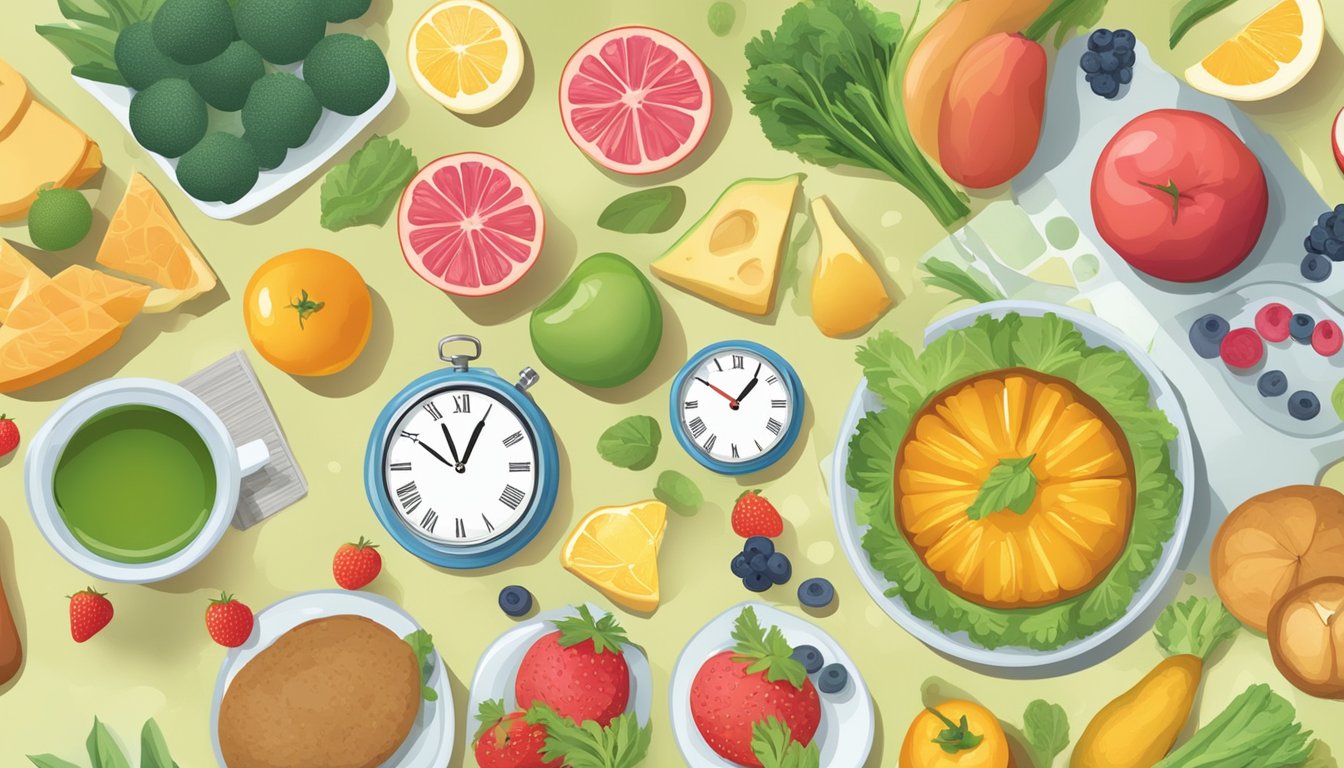 A table set with a variety of foods, including fruits, vegetables, and a calorie counter, with a clock in the background showing different times of day