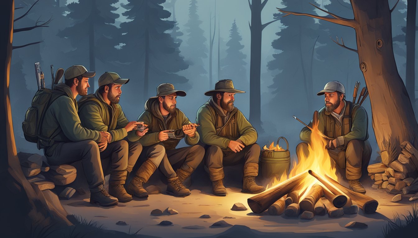 A group of diverse hunters gather around a campfire, sharing stories and preparing for a deer hunting expedition