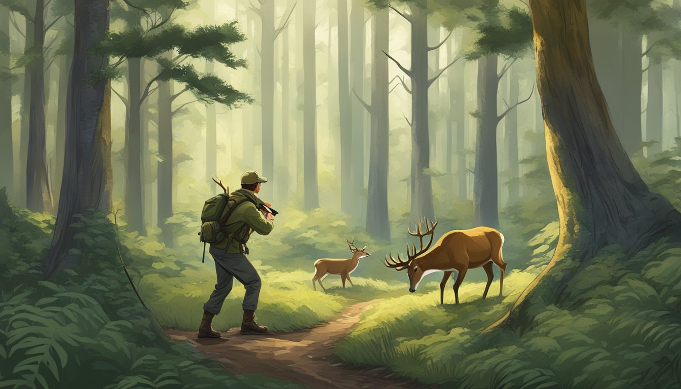 A hunter aims at a deer in a forest clearing, surrounded by trees and wildlife