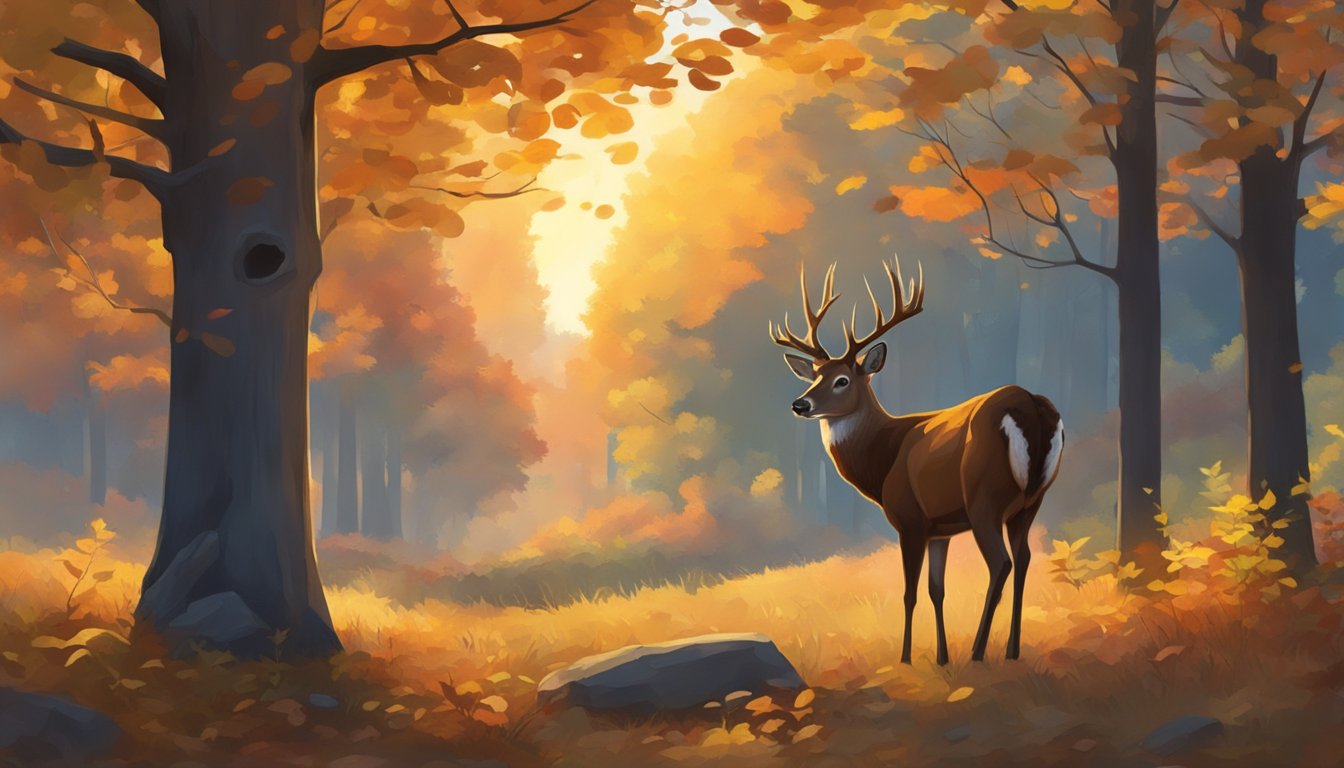 A lone deer stands in a clearing, surrounded by autumn foliage. A hunter's rifle rests against a nearby tree, while the sun sets in the background