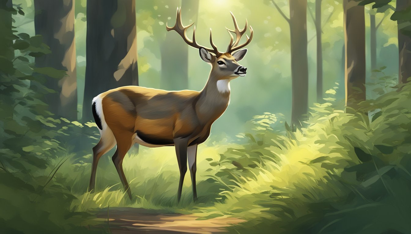 A deer cautiously grazing in a forest clearing, ears perked and alert, surrounded by dense foliage and dappled sunlight