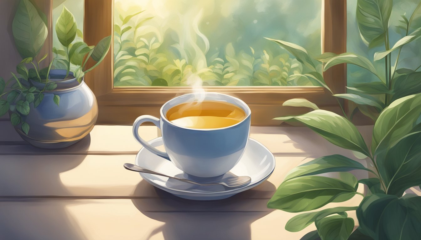 A steaming cup of herbal tea sits next to a sunlit window, surrounded by a peaceful and serene setting of plants and natural elements