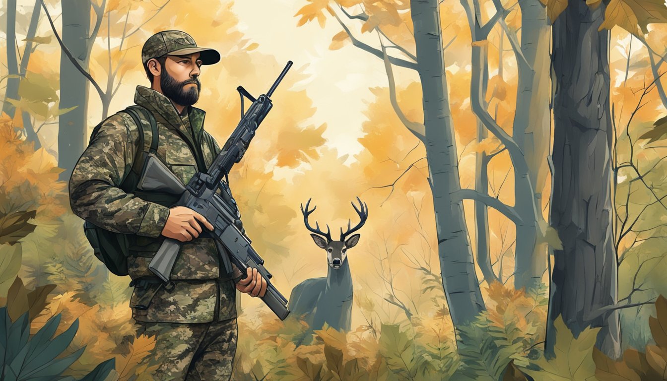 A hunter in deer hunting camo, blending into the forest with trees and foliage in the background