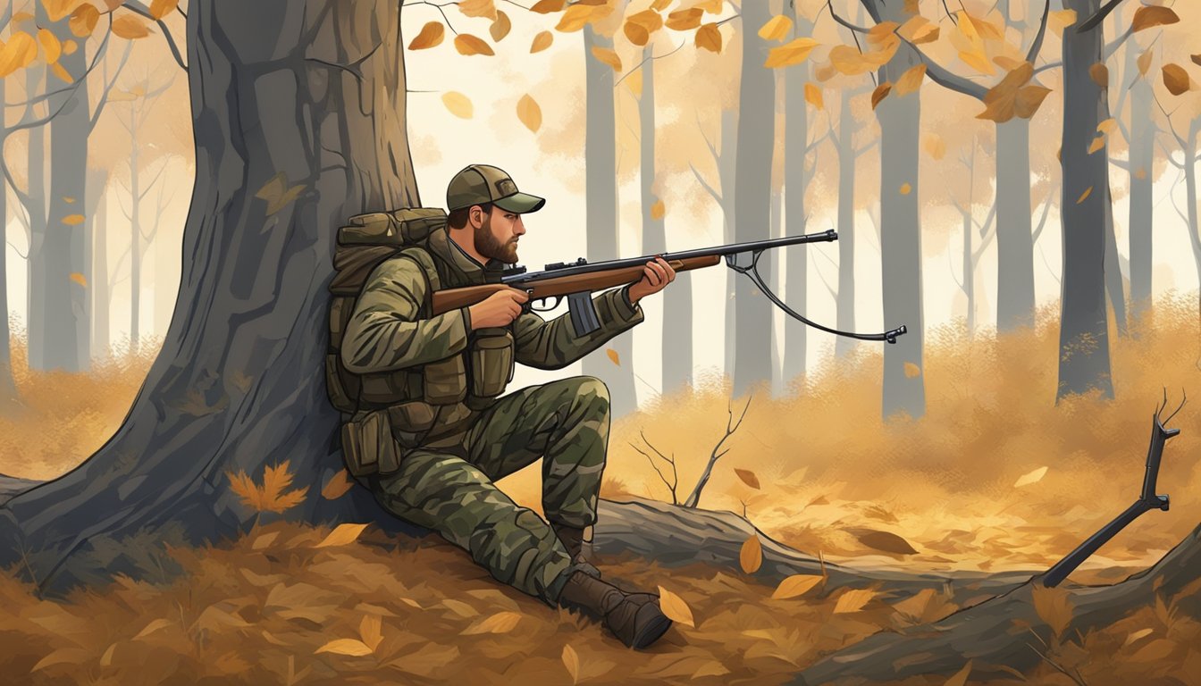 A hunter in deer hunting camo crouches behind a tree, surveying the forest with a bow in hand. Fallen leaves and branches cover the ground