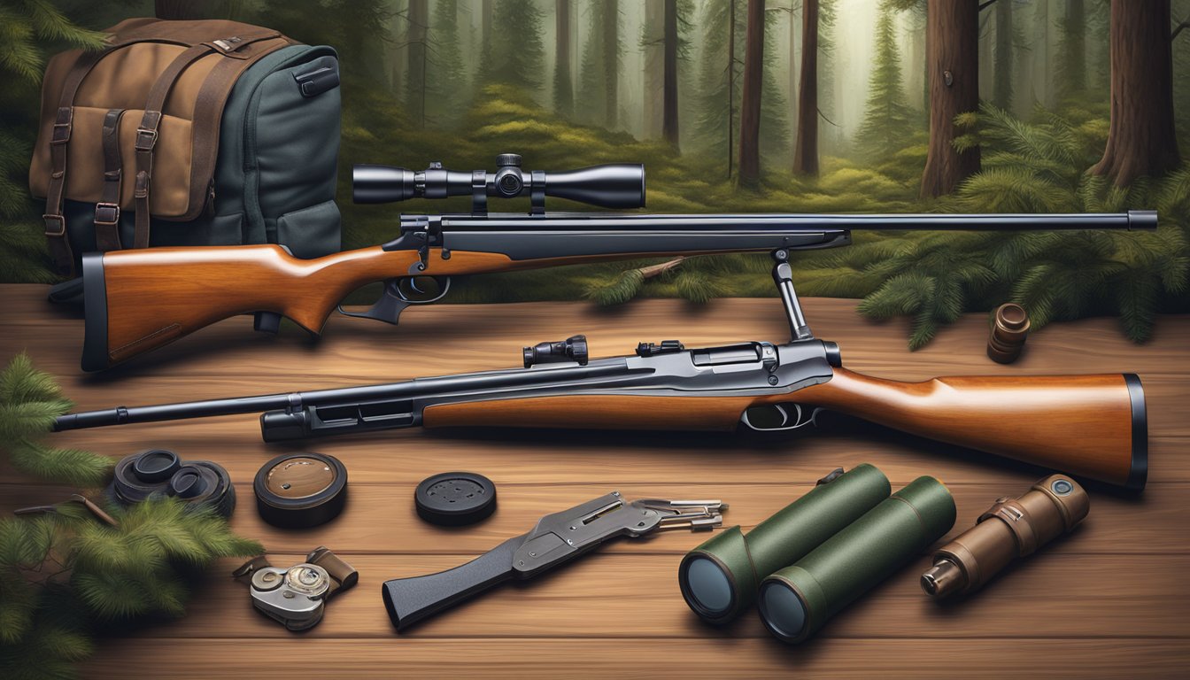 A hunter's rifle and gear laid out on a wooden table, surrounded by a forest backdrop with glimpses of the red stag deer