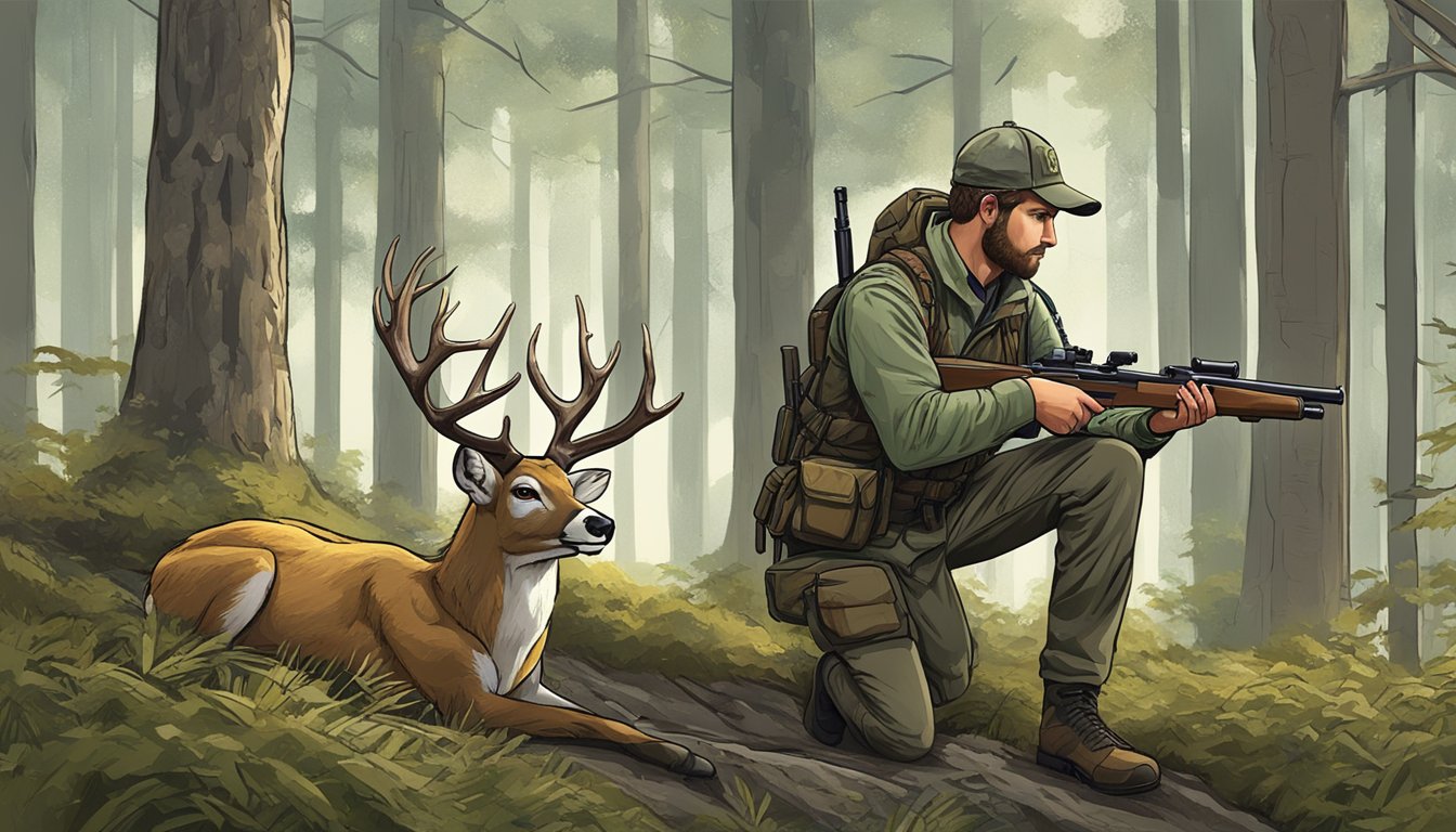 A hunter kneeling in a forest, aiming a rifle at a majestic deer with regulations and ethics guidelines posted on a tree nearby