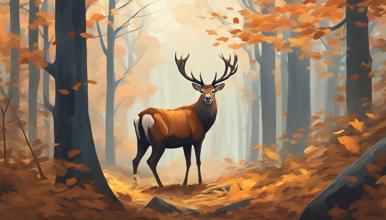 A red stag deer stands alert in a dense forest, surrounded by fallen leaves and tall trees. A hunter lurks in the distance, camouflaged and waiting