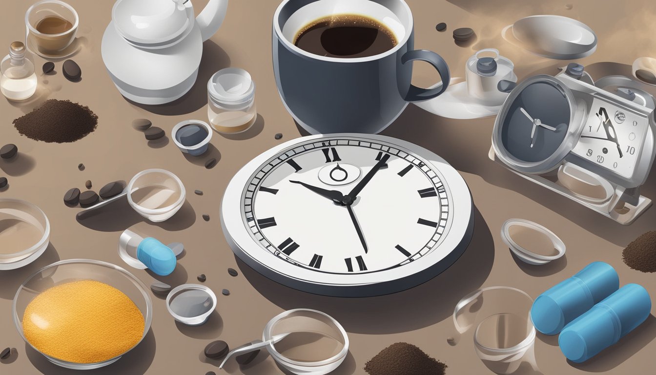 A steaming cup of black coffee sits next to a clock showing the time of 6:00 AM, with various supplements and additives scattered around it