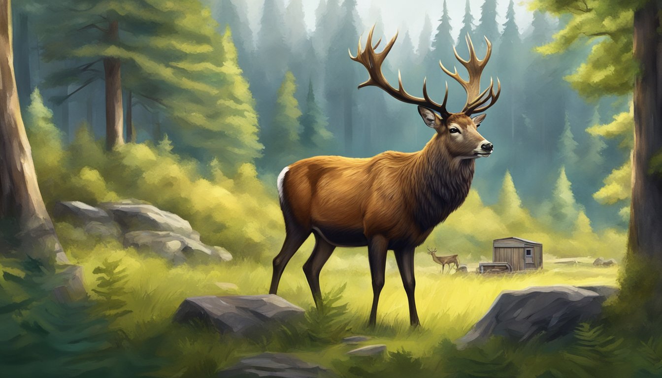 A red stag deer stands in a lush forest clearing, surrounded by comfortable hunting accommodations and amenities