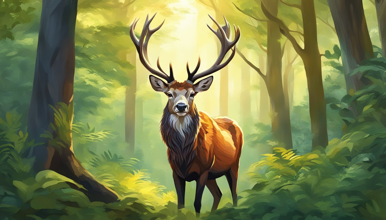 A red stag deer stands majestically in a lush forest, surrounded by vibrant foliage and dappled sunlight, evoking a sense of conservation and ethical hunting