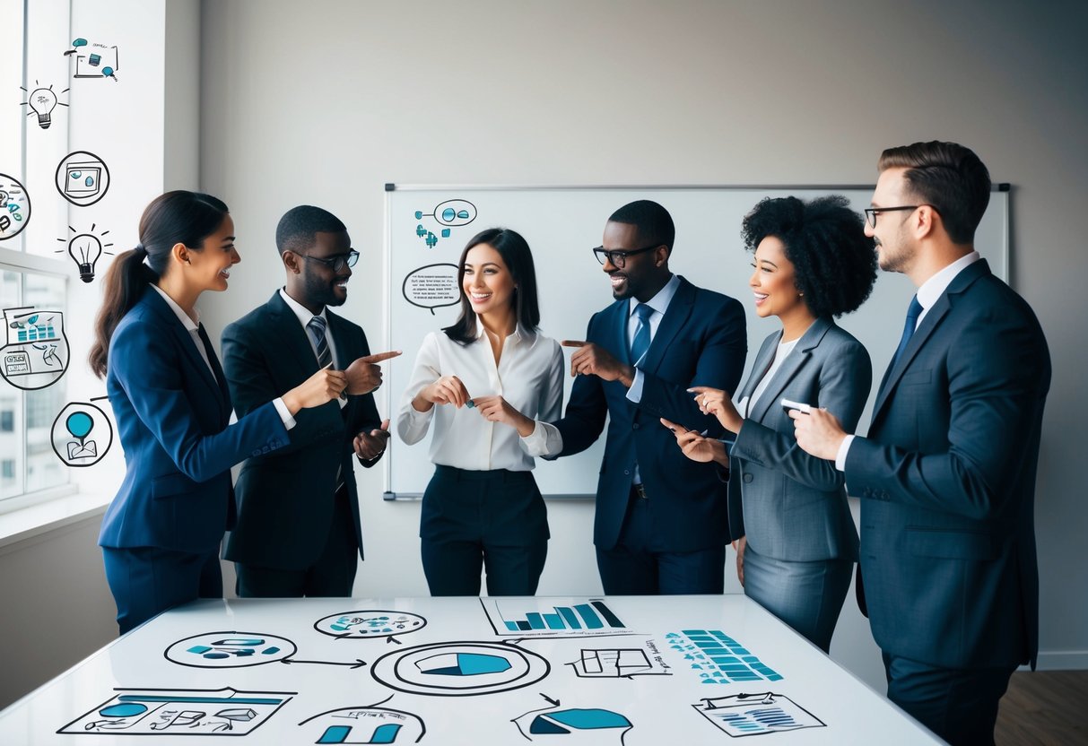 Un groupe de professionnels divers brainstormant et collaborant sur un tableau blanc rempli d'idées et de stratégies innovantes