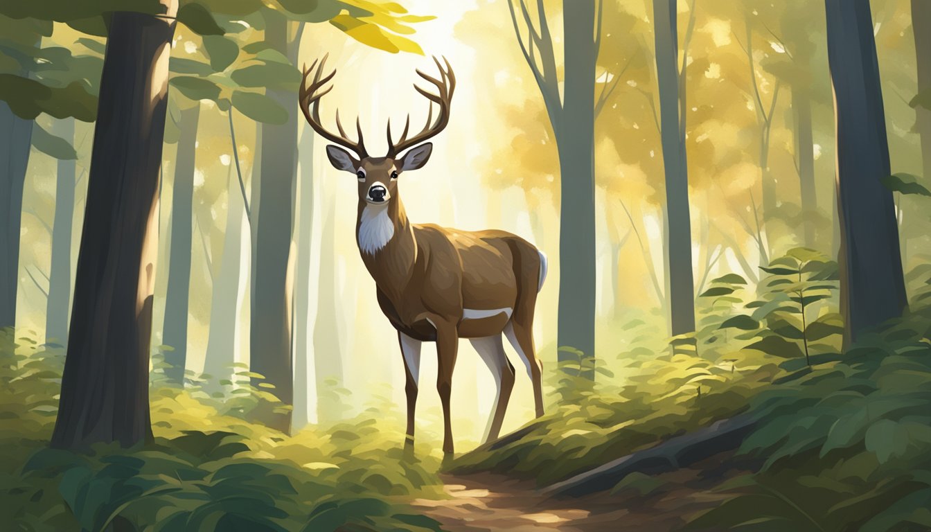 A deer standing alert in a forest clearing, surrounded by tall trees and dappled sunlight filtering through the leaves