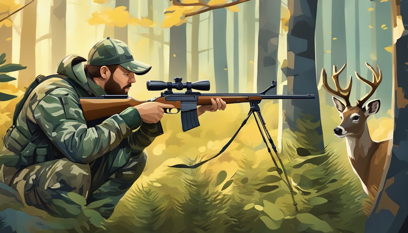 A hunter in camouflage aims a rifle at a deer in a forest clearing