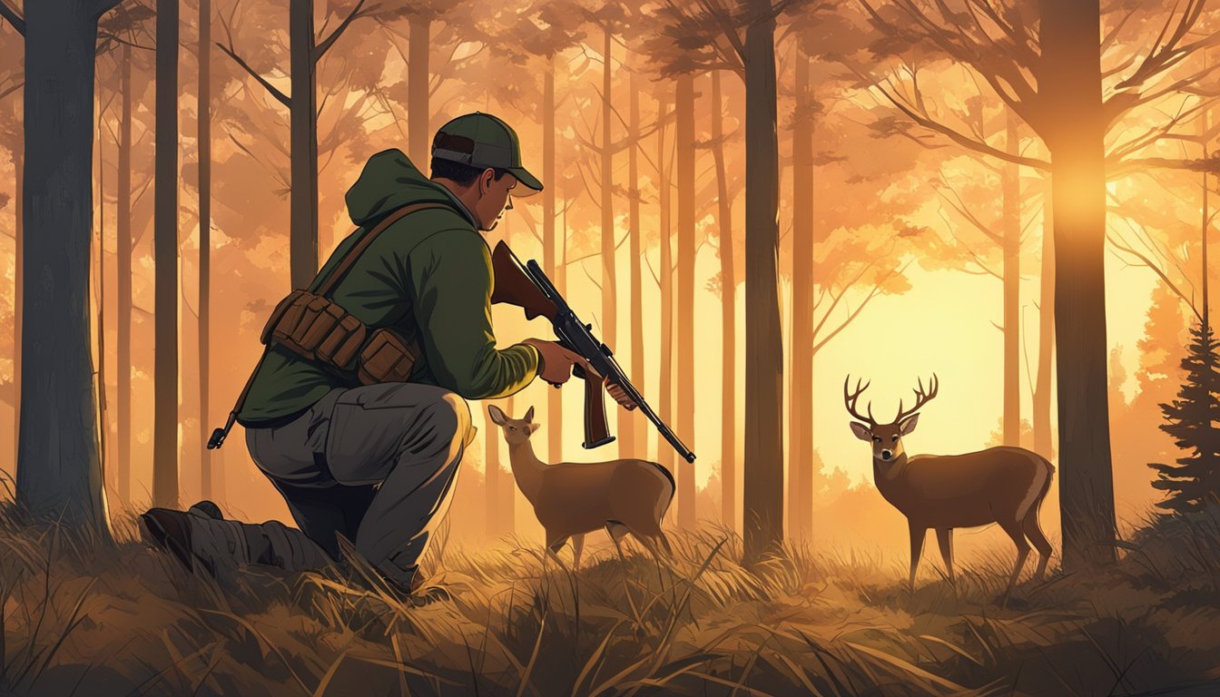 A hunter crouches in a wooded area, aiming a rifle at a deer in the distance. The sun sets behind the trees, casting a warm glow over the scene