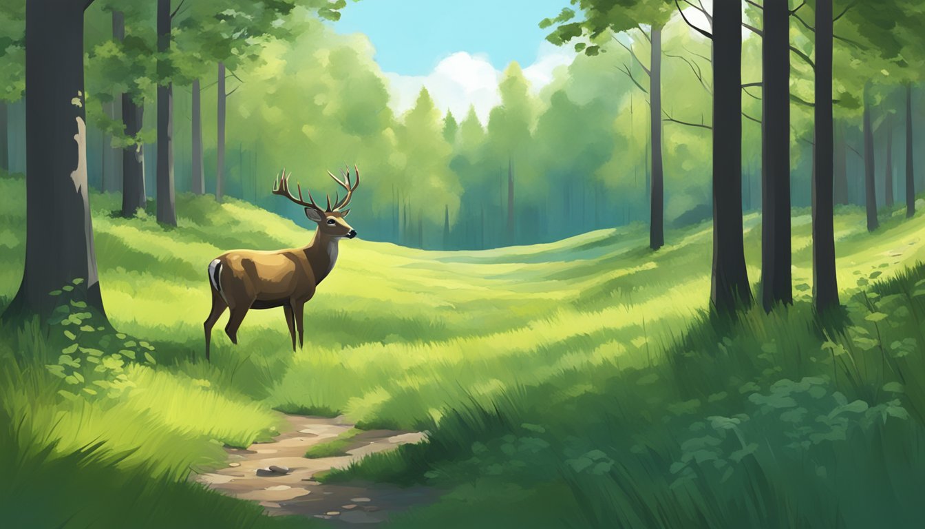 A serene forest clearing with a deer grazing, surrounded by lush trees and a clear blue sky