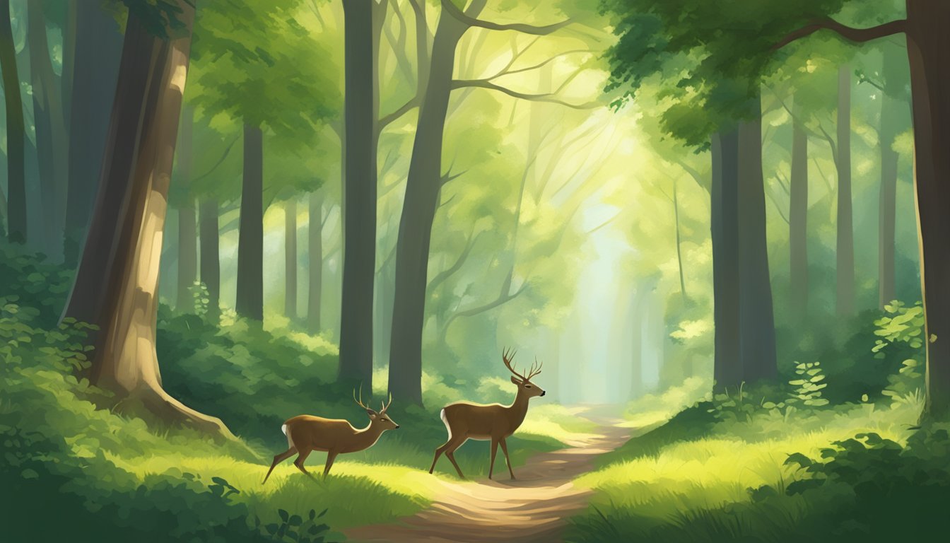 A serene forest clearing with a deer grazing peacefully, surrounded by lush greenery and dappled sunlight filtering through the trees