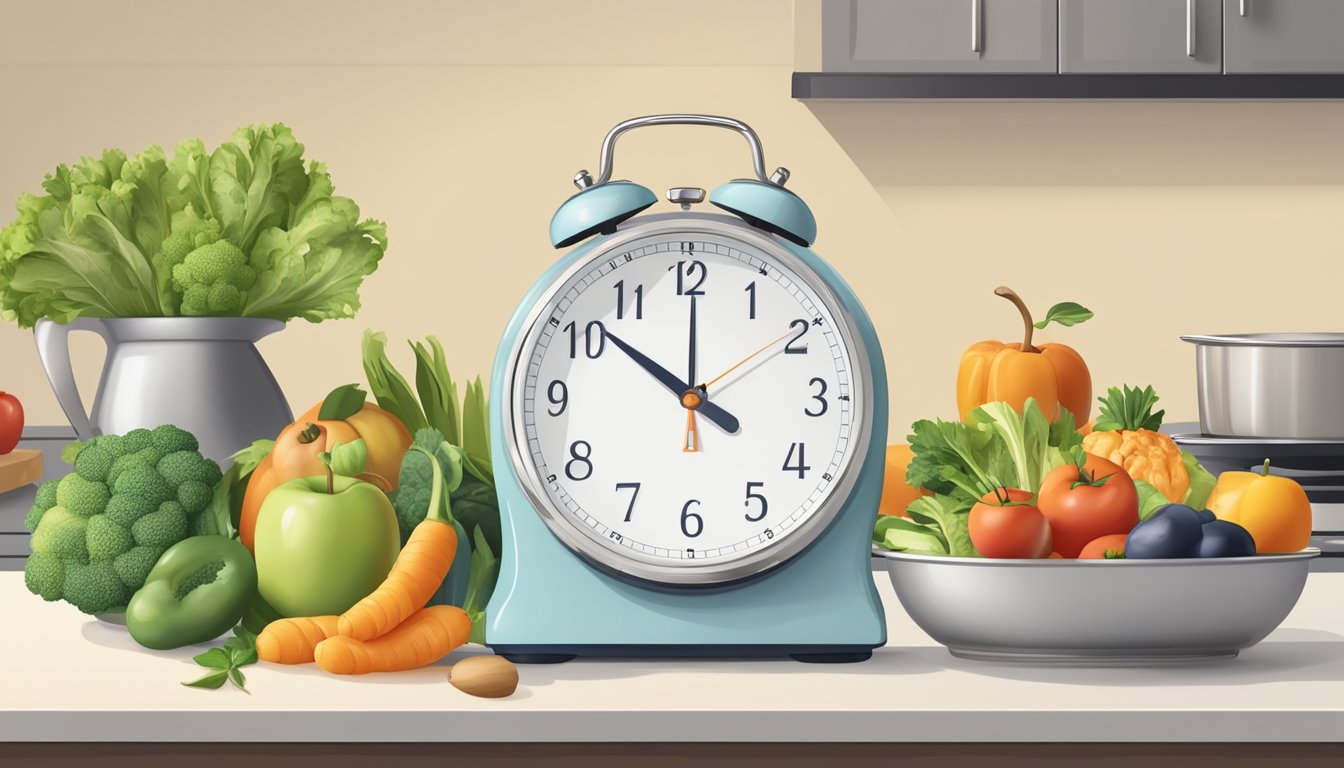 A kitchen counter with a clock showing the time between meals, healthy food options, and a scale for measuring progress