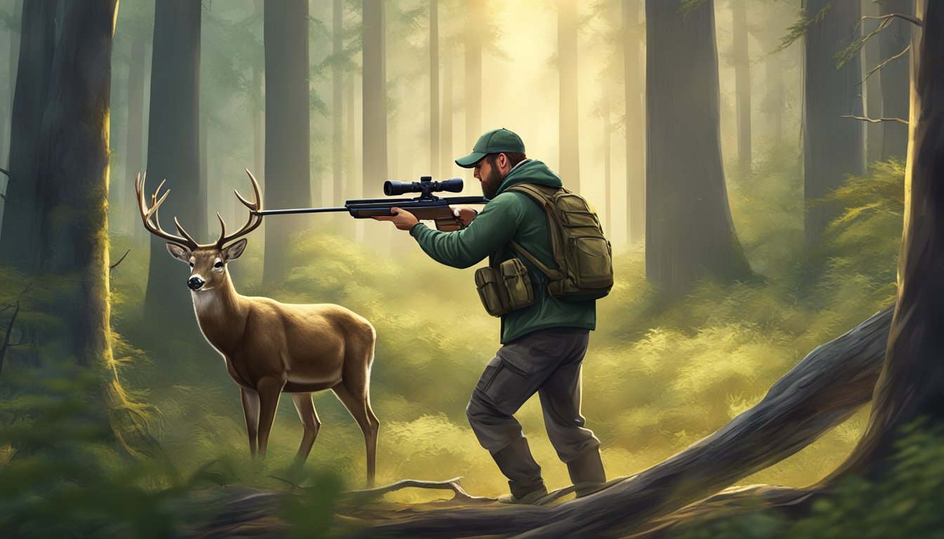 A hunter aiming a virtual rifle at a deer in a forest clearing