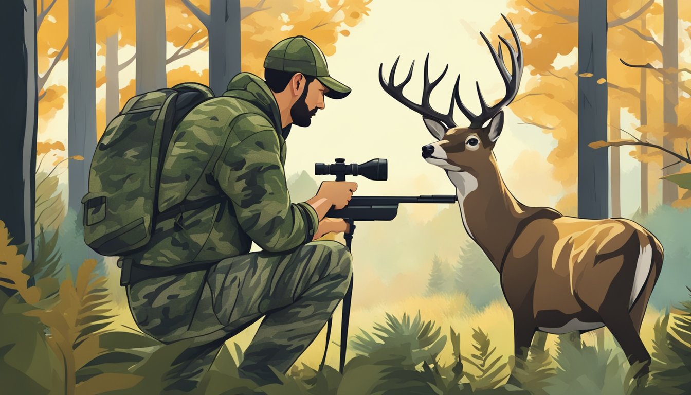 A hunter in camouflage aims a digital scope at a deer in a forest clearing