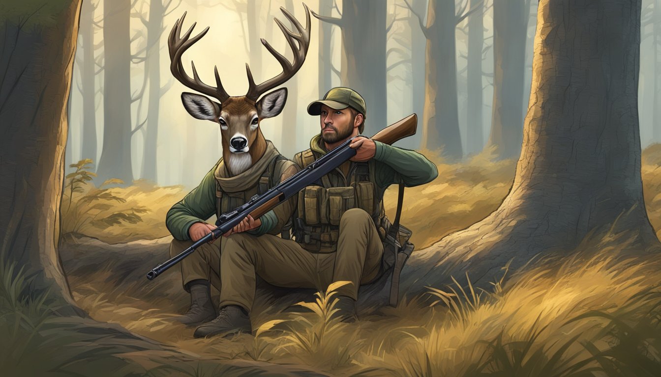 A hunter crouches behind a tree, peering through the dense forest, rifle at the ready. A majestic buck stands in a clearing, unaware of the impending danger