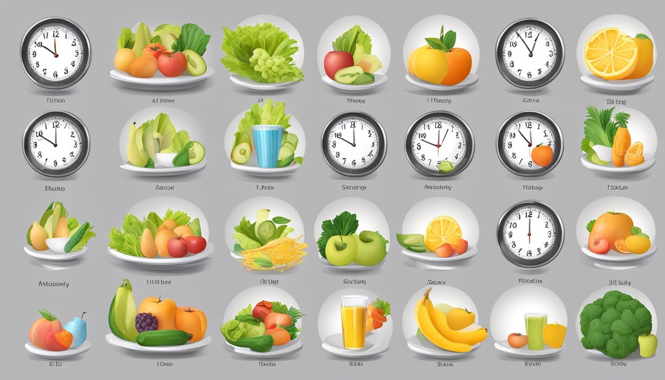 A clock showing different time intervals, a scale with decreasing numbers, and a plate with healthy food