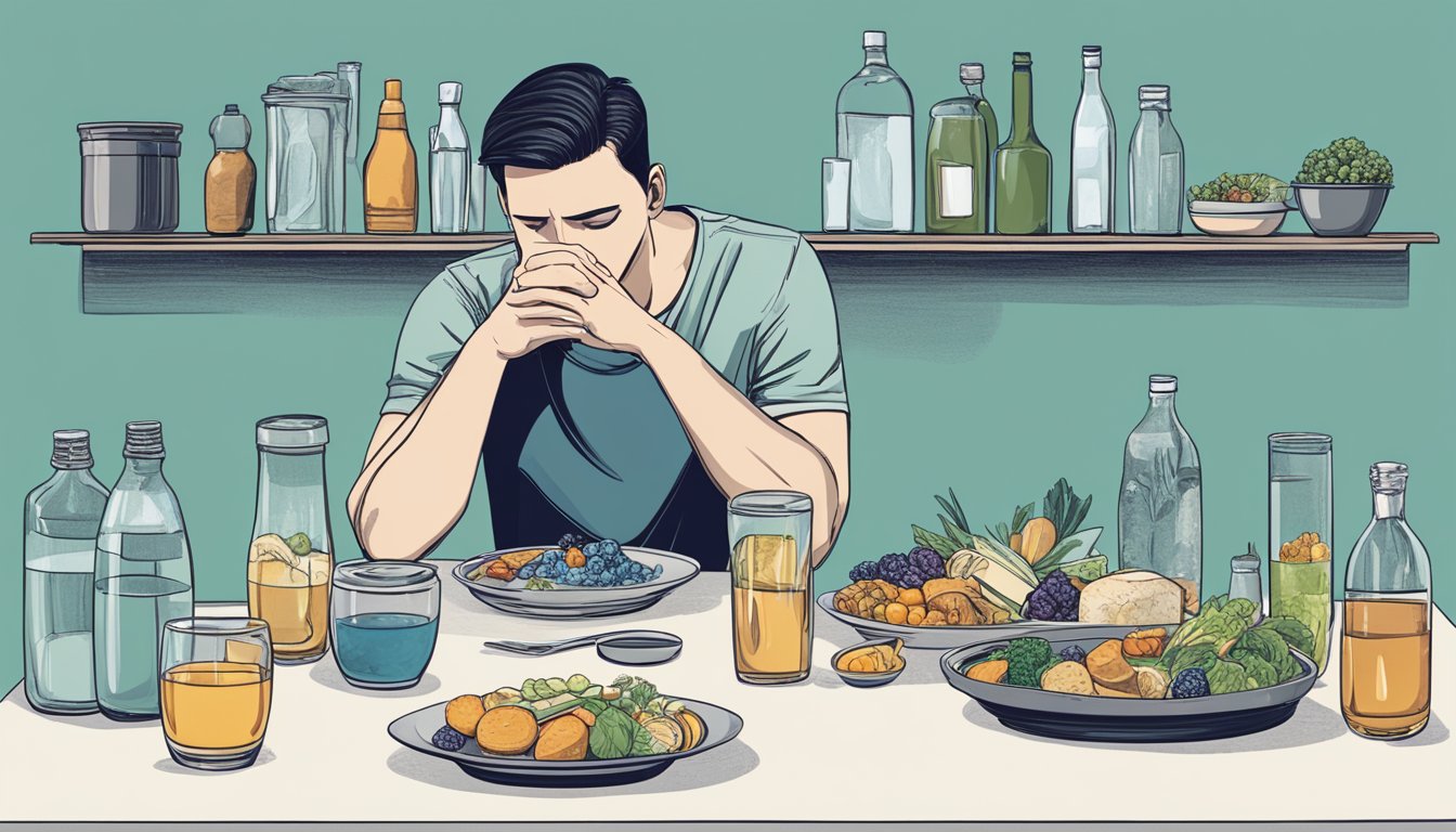 A person sitting at a table, looking at a glass of water while surrounded by various food items. The person appears conflicted and contemplative