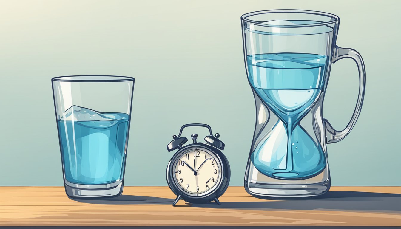 A glass of water sits on a table next to a clock showing the time for intermittent fasting