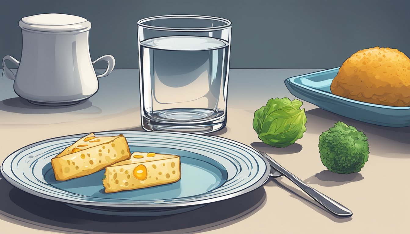 A glass of water sits untouched next to a plate of untouched food on a table during a period of fasting