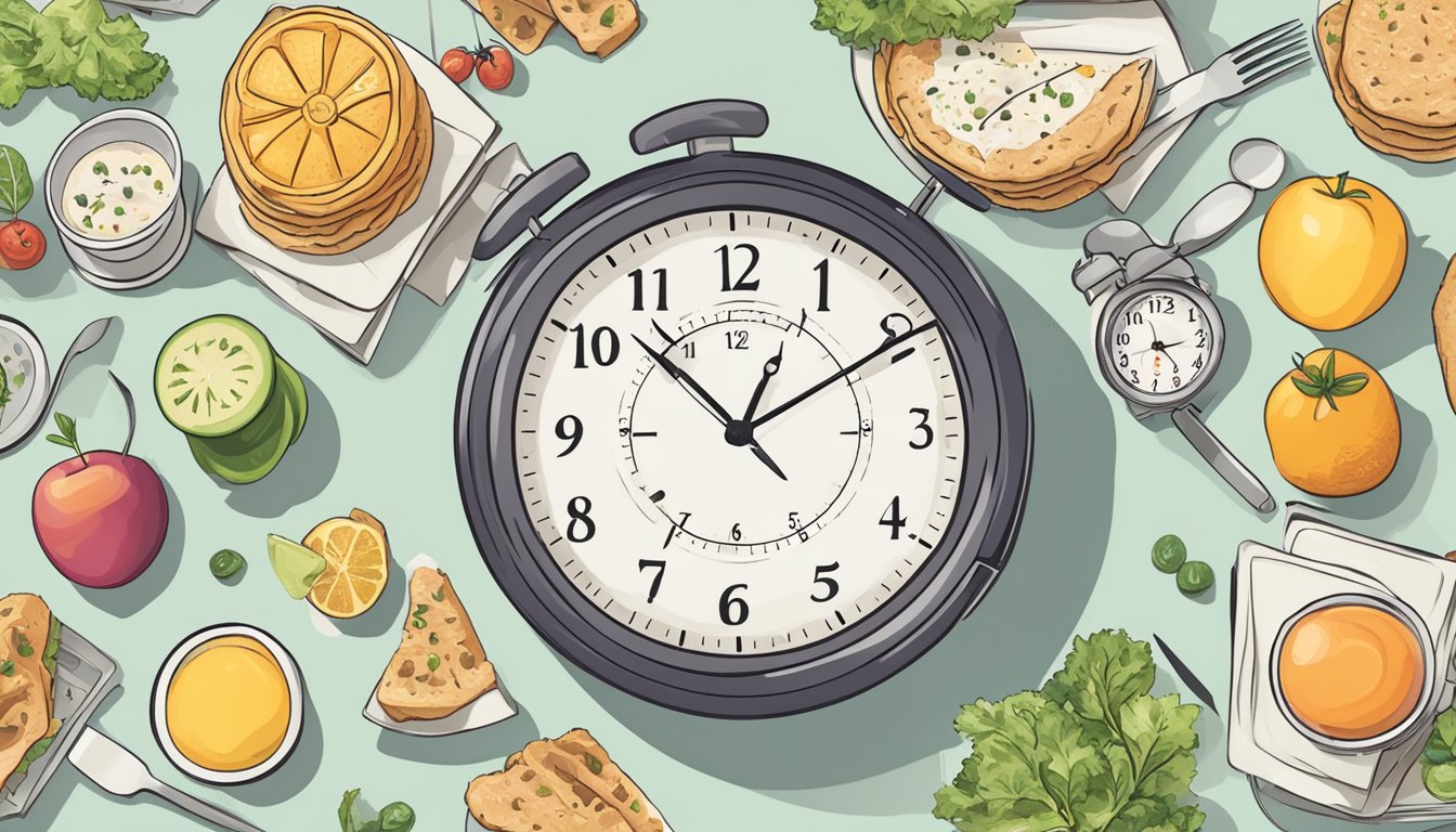 A person's meal schedule and clock with various time intervals, representing personalized intermittent fasting for weight loss