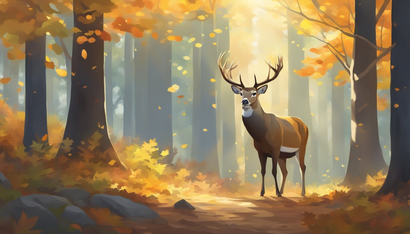 A serene forest clearing with a majestic buck standing alert amidst autumn foliage. Sunshine filters through the trees, casting dappled light on the forest floor