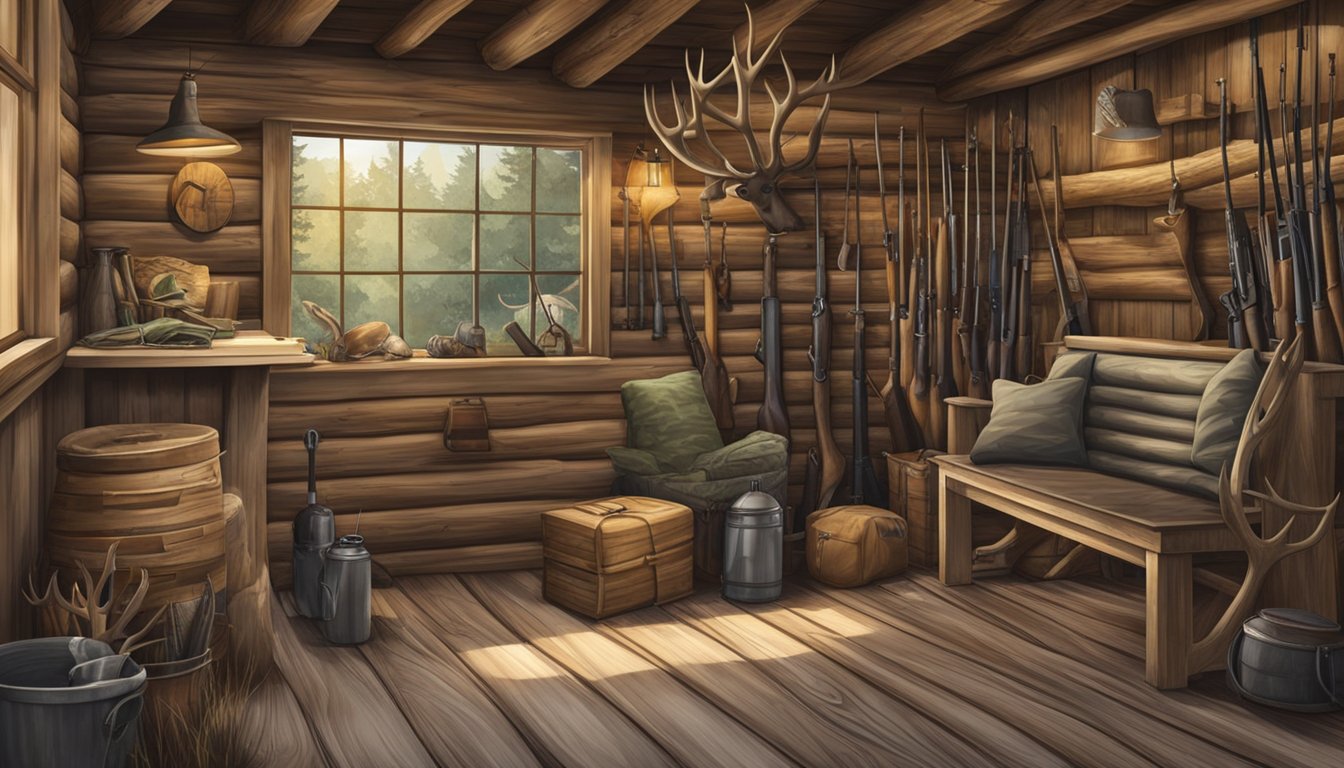 A rustic hunting cabin with rifles, camouflage gear, and deer antlers on the wall