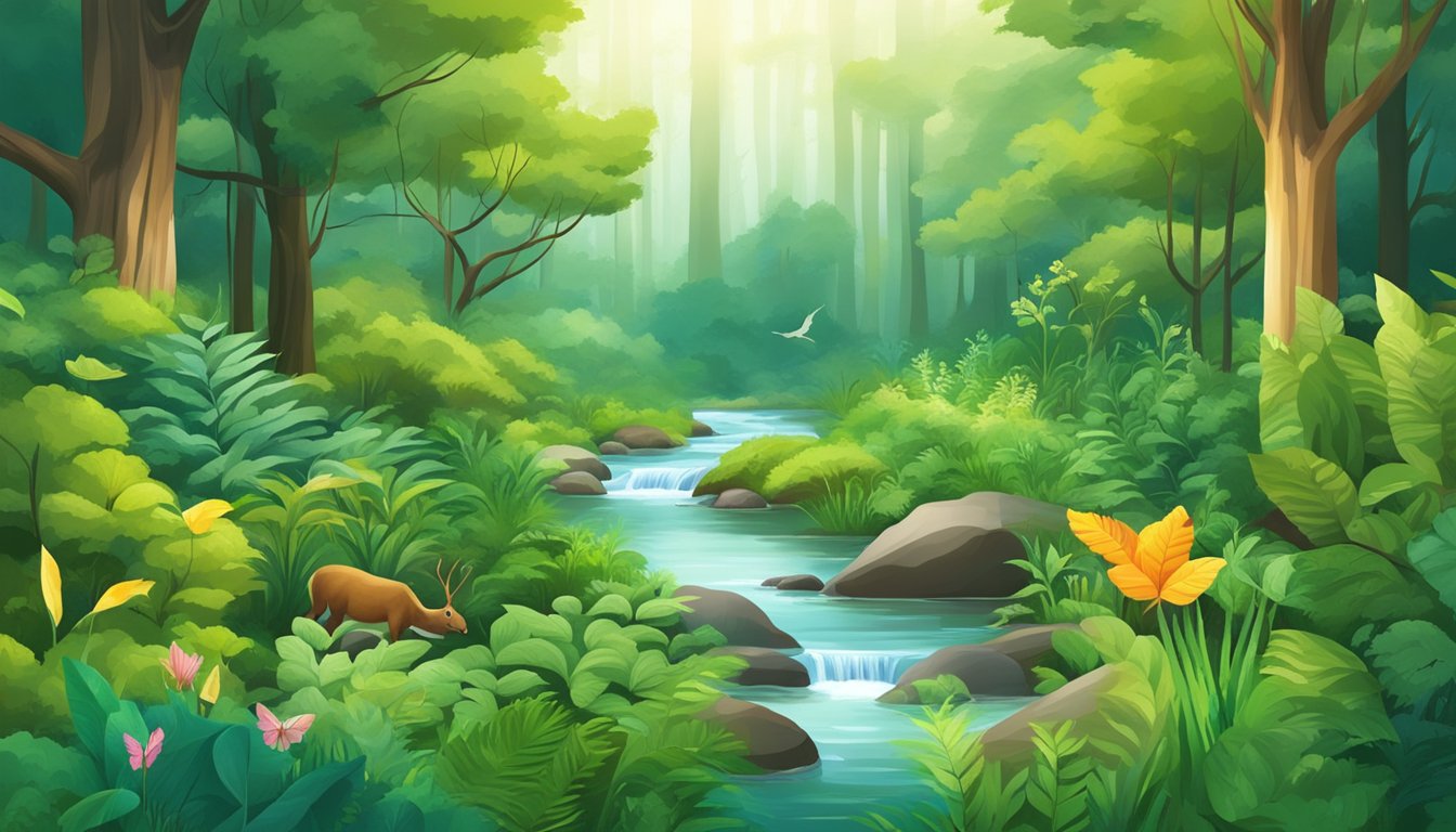 A lush green forest with a clear stream running through it, surrounded by diverse wildlife and vibrant plant life, symbolizing long-term health and sustainability