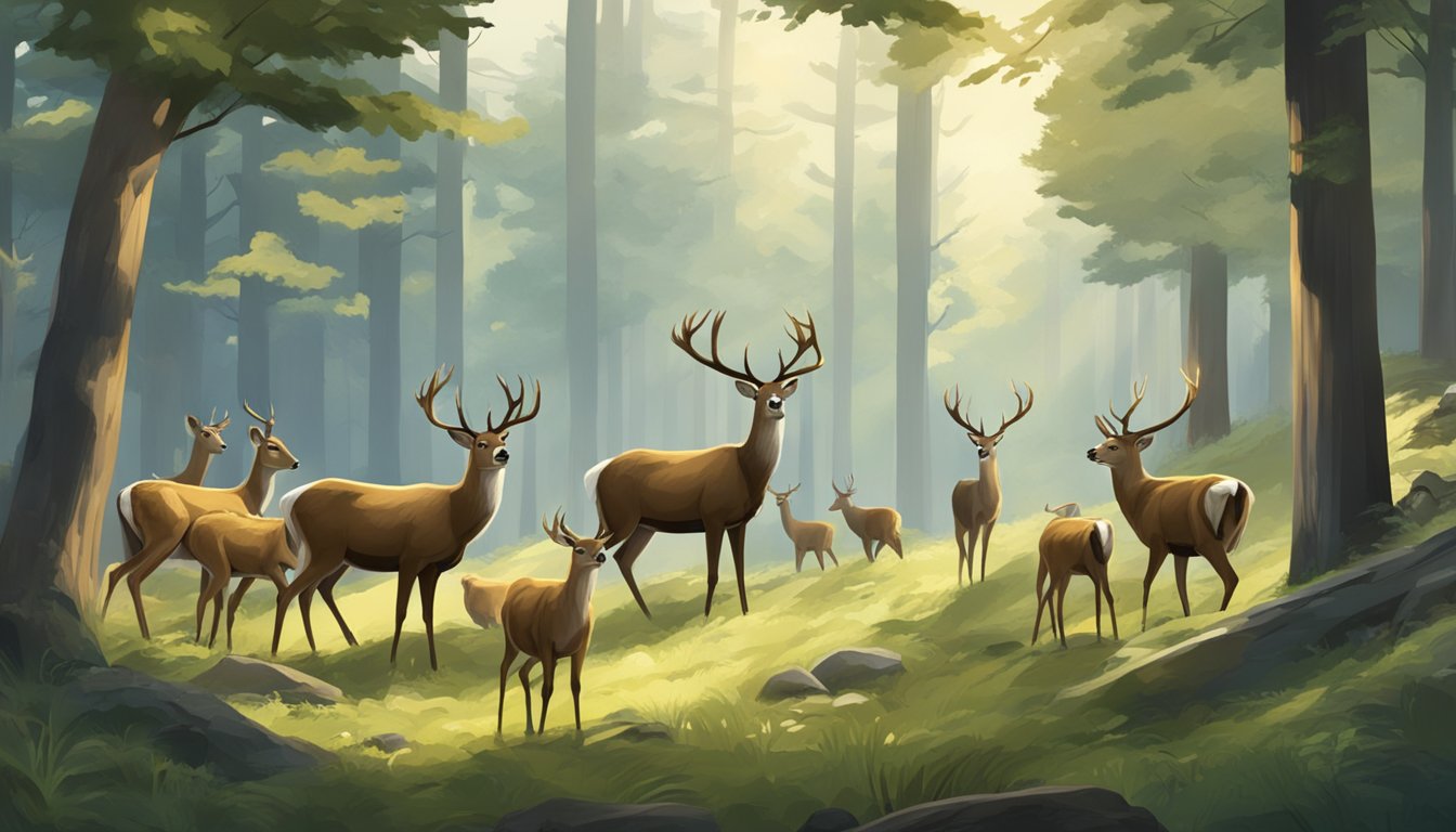 A group of deer grazing in a forest clearing, with a mix of males and females, some with antlers, others without