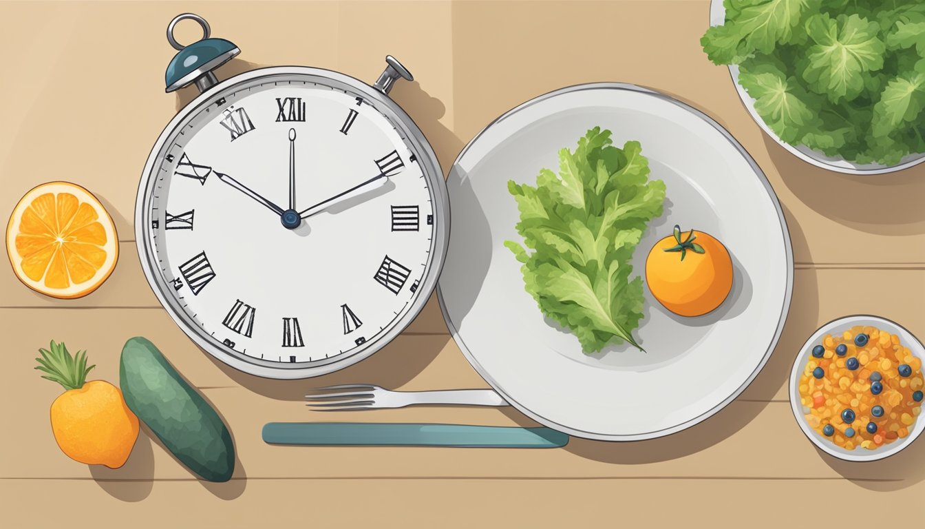 A kitchen counter with a clock showing 10:00 and a plate of healthy food next to an empty plate, representing the 14/10 intermittent fasting schedule