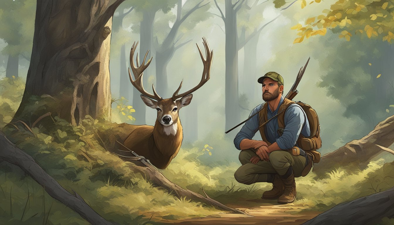 A hunter crouches behind a fallen tree, bow drawn, eyes fixed on a grazing deer. Surrounding foliage provides cover, and the hunter waits for the perfect moment to strike