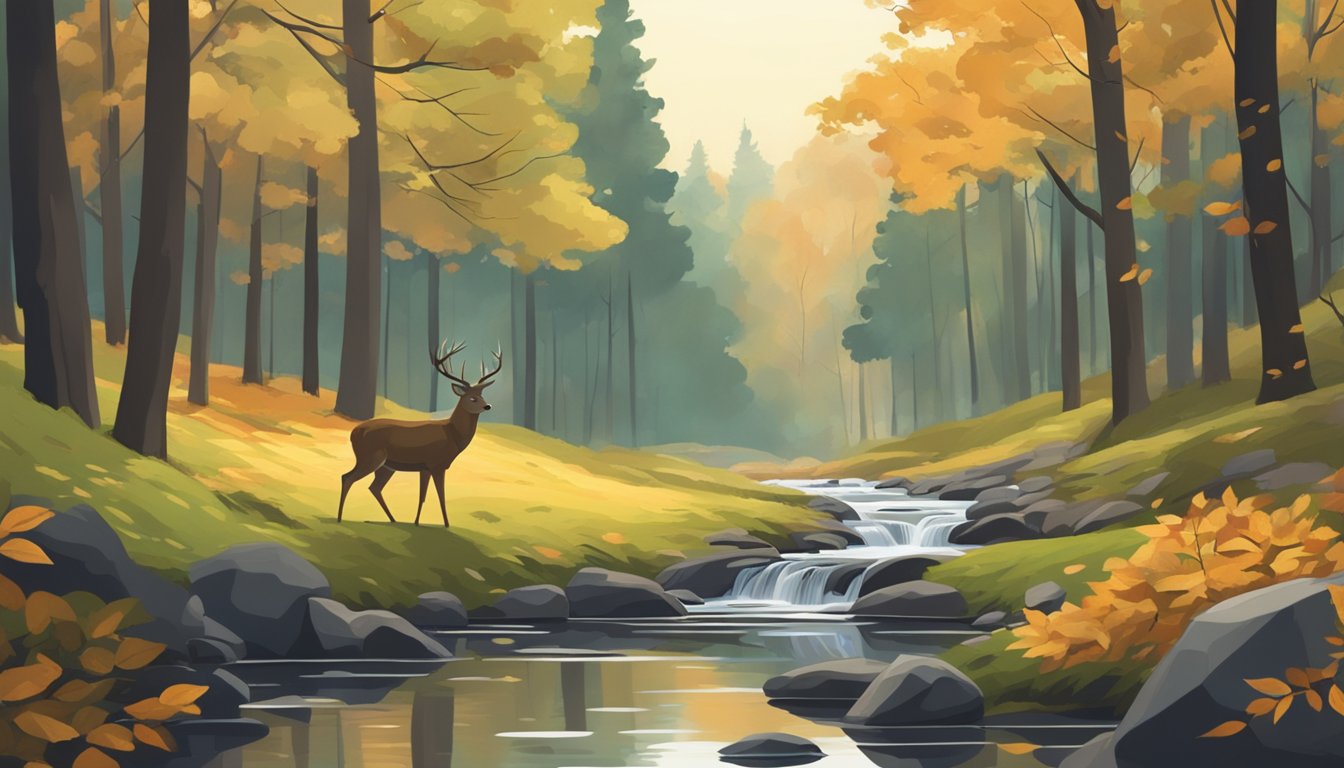 A dense forest with tall trees, fallen leaves, and a stream. A clearing in the distance with a deer grazing